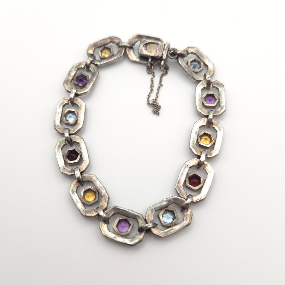 Vintage Sterling Silver Marcasite Multi Gemstone Art Deco Link Bracelet 925 - Picture 5 of 9